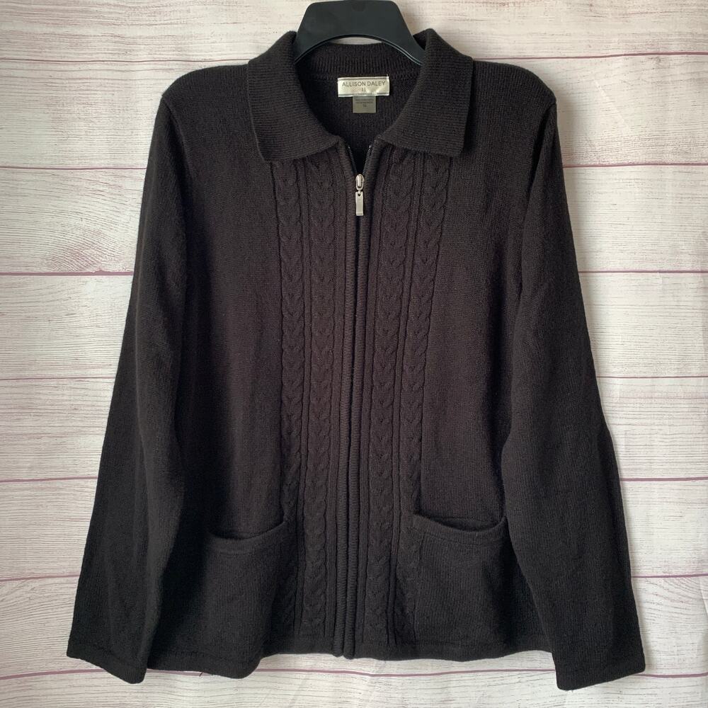 Allison Daley Black Cable Knit Cardigan Sweater Full Zip Pockets Size 1X